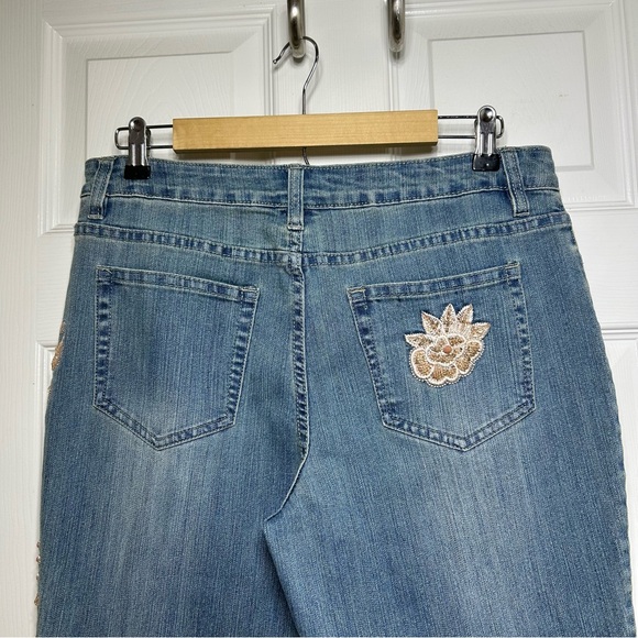 Boston Proper Stretch Blue Wash Mid Rise Flare Bead Embroidery Floral Jeans 12 - Picture 7 of 16